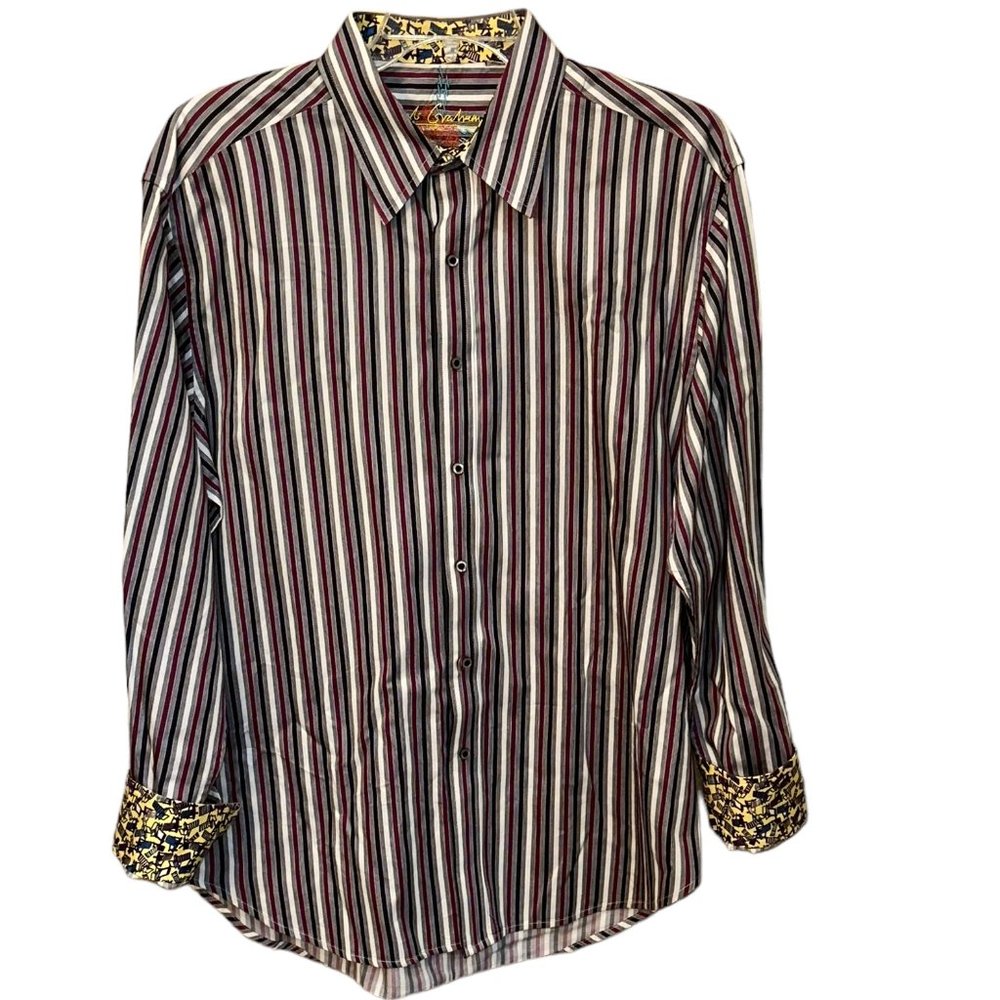 Robert Graham Red White Black Striped Cotton Button Down Dress Shirt Size XL